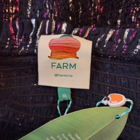 Farm Rio Black Lurex Stripe One Shoulder Mini Dress Puff Sleeve Size M NWT - Picture 3 of 9